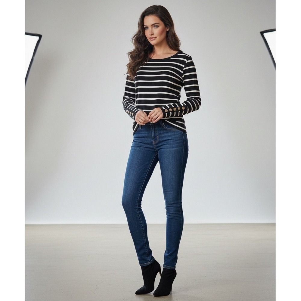 White House Black Market Womens Stripe Crewneck Long Sleeve Shirt Black Medium